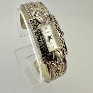 Geneva Elite Watch Womens Silver Tone 6" Cuff Bangle Bracelet #1242 New Battery - Picture 1 of 10