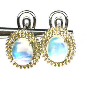NATURAL 7 X 9 mm. MULTICOLOR OPAL & YELLOW SAPPHIRE EARRINGS 925 SILVER 