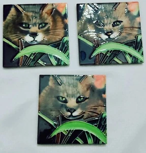 3 Kitty Cat In The Grass Tiles, Hang Or Use As Coaster's - Picture 1 of 15