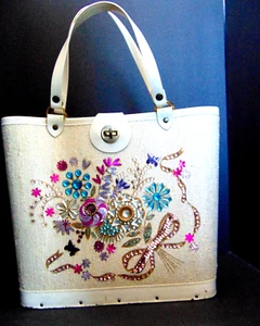 Vintage 50's Fabric And Wood Bag With Beaded Floral Tan MULTICOLOR - Picture 1 of 7