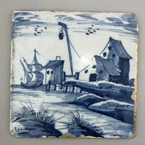 Azulejo antiguo Delft pintado a mano barco azul aves de agua de mar holandés 12,5 cm de ancho - Imagen 1 de 23