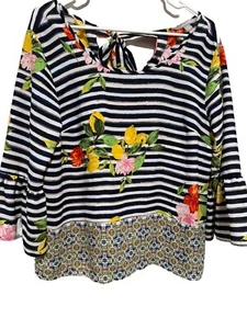 Valerie Stevens Womens M Eclectic Blue Striped Floral Tie Back Top 3/4 Sleeve - Picture 1 of 5
