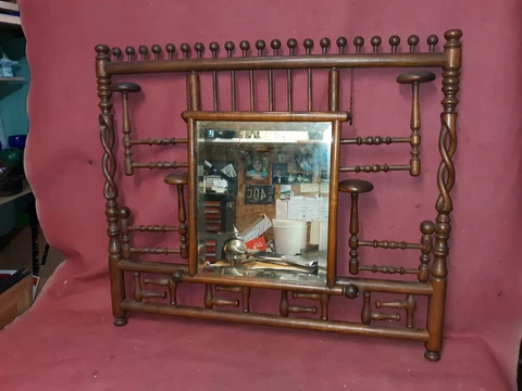 Antique Victorian Oak Hanging Hall Coat Hat Rack  w/ Mirror Cover