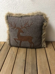 Rustic Reindeer Silhouette Faux Fur Trim Christmas Throw Pillow Cabin Decor - Picture 1 of 8