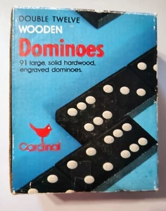 Vintage Doppel Zwölf Dominosteine aus Holz Kardinal im Beutel - Bild 1 von 2