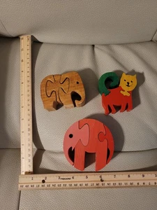 Kids Carved Wood Puzzles, 3 Piece. Cat and Elephants. BSB France Elephant. - Picture 1 of 6