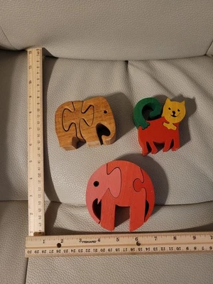 Kids Carved Wood Puzzles, 3 Piece. Cat and Elephants. BSB France Elephant. - Image 1 of 4