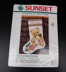NOS Sunset Counted Cross Stitch 18323 Holly Angels Friend Christmas Stocking Kit - Picture 1 of 4