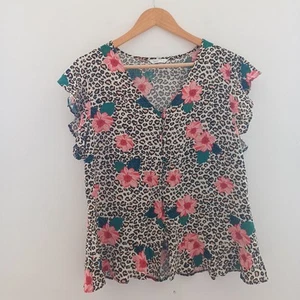 Ladies size 14 floral Animal Print blouse top shirt Black Pink Summer Holiday - Picture 1 of 2