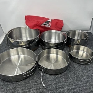 Vintage 6 Piece Camping Original Coleman Peak 1 Stainless Copper Bottom Pot Pans - Picture 1 of 20