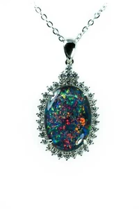Pin Fire Australian Triplet Opal Necklace White Gold Plated on Sterling Silver - Picture 1 of 6