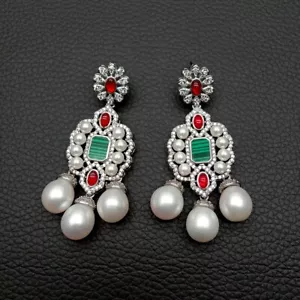 Pearl Cz Pave Gold Plated Fashion Stud Earring Statement Earring Paty Jewelry - Picture 1 of 6