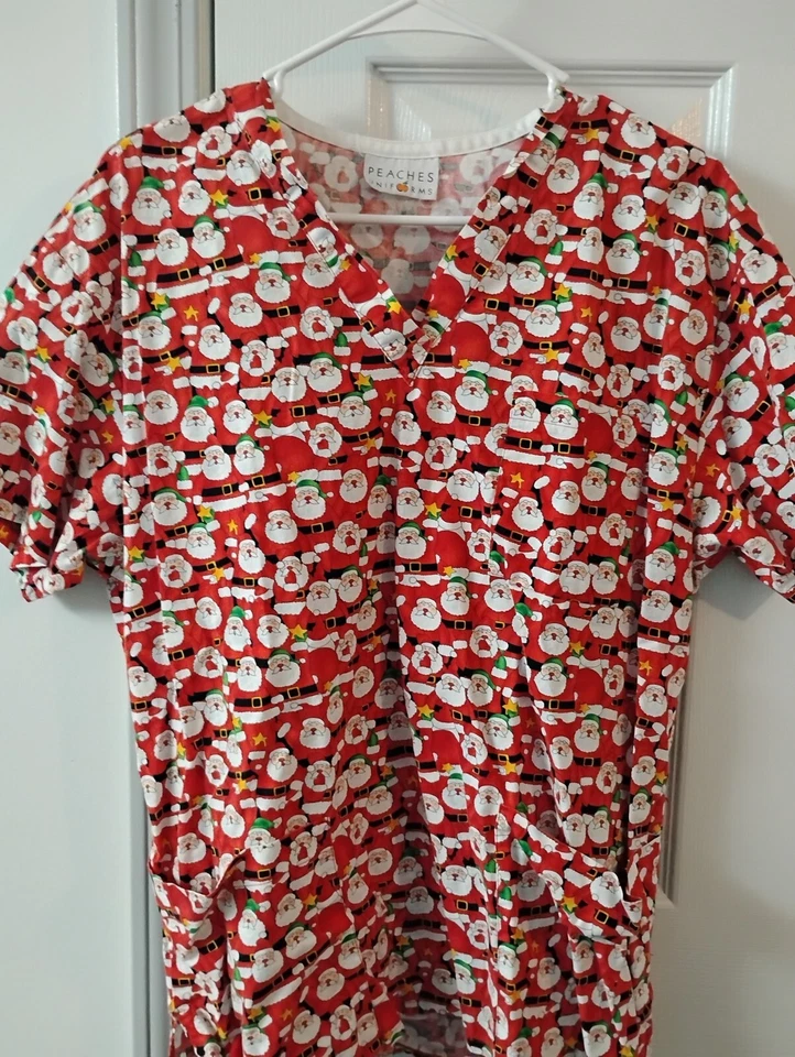 Peaches Red 3 Pocket Crowd of Santas Scrub Top Size M (fits large) - Image 1 of 1