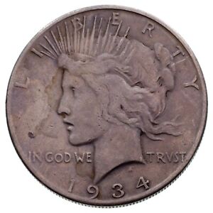 1934-S $1 Silver Peace Dollar in Fine+ Condition, Light Gray Color Strong Detail