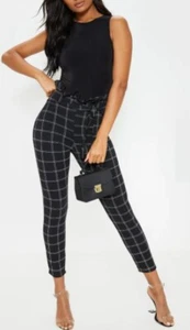 BNWT PRETTYLITTLETHING Label Womens Black Tweed Check Paperbag Skinny Pants 8 - Picture 1 of 9