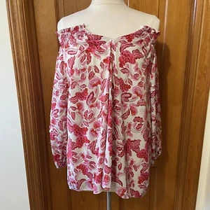 Rose + Olive Women’s Tunic Pink White Floral Top Large 3/4 Sleeve Off Shoulder - Picture 1 of 22