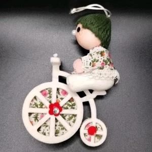 Vtg Christmas Pixie Elf Flocked Styrofoam Bicycle Floral Christmas Ornament - Picture 1 of 16