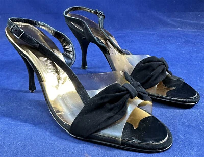 Vintage Sensations By Scroggins Unworn Vinyl Black Suede Bow Stilettos Shoes - Image 1 of 4