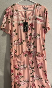 NWT Joan Vass button-down pink floral night gown MSRP $58 Medium - Picture 1 of 3