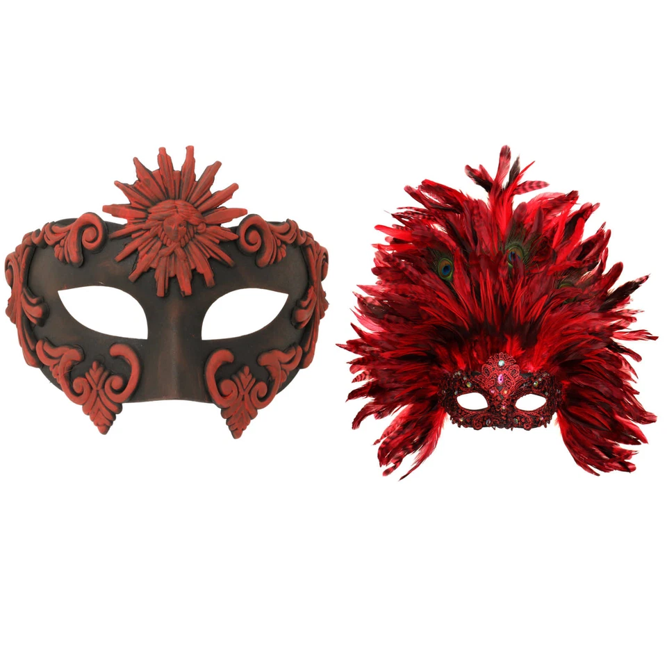 Red Roman Greek Emperor & Top Large Feather Lace Couple Masquerade Masks - Image 1 of 1