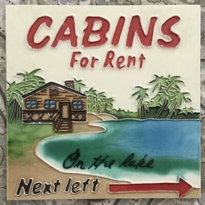 Ceramic Tile Sign Picture Art 8x8 “Cabins For Rent” Wall Or Shelf Lake House - Bild 1 von 3