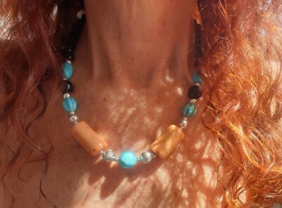 🧡COLLANA DONNA UOMO PIETRE DURE CORALLO, TURCHESE, ONICE, ARGENTO NEPAL ETNICA - Immagine 1 di 4