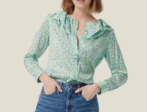 J. Blusa Top Crew Manga Larga Floral Volantes Hilo Metálico Sedoso XS Pan - Imagen 1 de 9