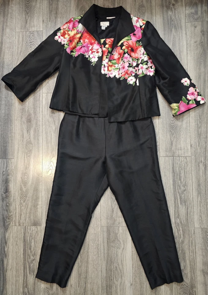 Traje Pantalón Vintage Adrianna Papell Seda Floral 3 Piezas Negro Para Mujer Talla 22W Bohemio Foto 1 de 4