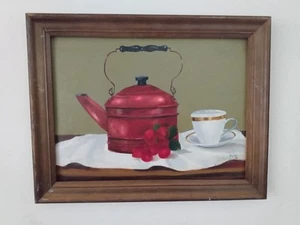 Original Framed Oil Painting Canvas Still Life Red Tea Kettle Pot Cherries 18x13 - Picture 1 of 13