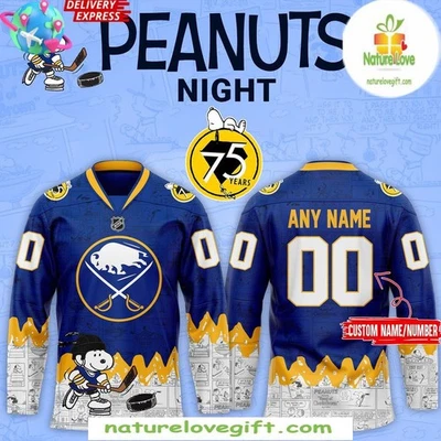 Personalized Buffalo Sabres 75th Anniversary Peanuts Hockey Shirt Men's Fan Gear - Image 1 of 4