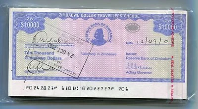 Zimbabwe Dollar Travellers Cheque $10 000 Check 2003 P17 Rare x 100 Pieces A - Image 1 of 3