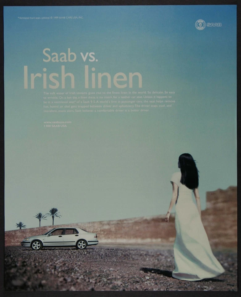 Saab Sedan Car vs Irish Linen Dress Ventilated Seats Vintage Print Ad 1999 - Image 1 of 1