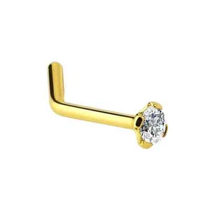 14K solid Gold Nose Ring L Shape with CZ Gem Sold Each Prong Setting Nose Bone - Picture 1 of 13
