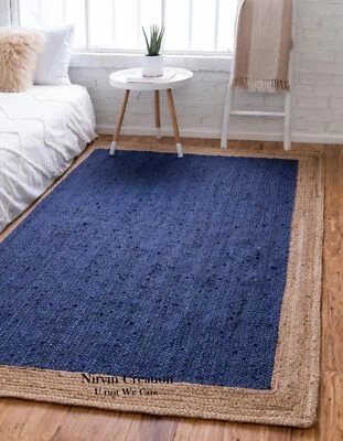 Blue Rug Jute Carpet Mat Rectangle Area Rug Natural Handmade Braided Rustic Look - Image 1 of 4