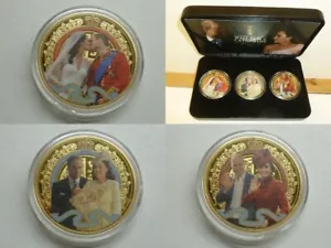WILLIAM & CATHERINE 10th Anniversary Gold-plated colour 3-Medallion boxed set - Picture 1 of 9