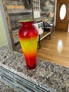 BLENKO VASE Tequila Sunrise ~ 10” Size Red Orange blown glass thick bottom - Picture 1 of 7