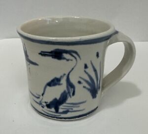 Handcrafted Studio Art Pottery Ceramic Gazed Mug W/Heron Small Sized 3” Tall