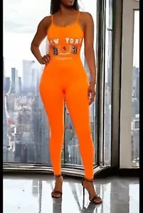 Women’s Jumpsuit Catsuit Orange New York Graphic Print Scoop Neck Thin Straps XL - Picture 1 of 5