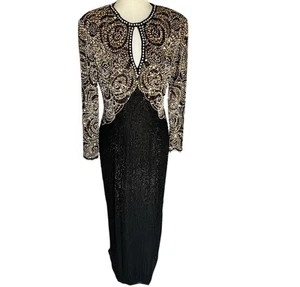 Vintage Oleg Cassini schwarzes Kleid zum Binden mit vollen Perlen - Größe 6 Pailletten Perlen Seidenkleid - Bild 1 von 12