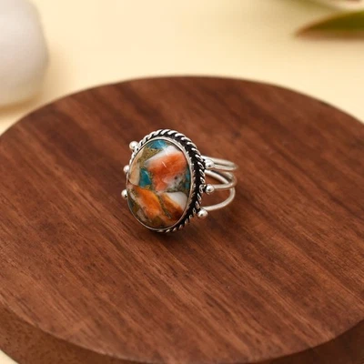 Anel feminino de prata 925 listrado feito à mão pedra preciosa formato turquesa ostra oval - Imagem 1 de 4