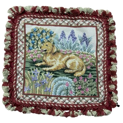 Needlepoint Golden Retriever Pillow Cover Maroon Velvet Tassel Zip 16"x16" VTG - Image 1 of 4