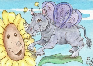 Rhino Fly fiore di sole fantasia bug ACEO EBSQ Kim Loberg animale mini arte fauna selvatica - Foto 1 di 3