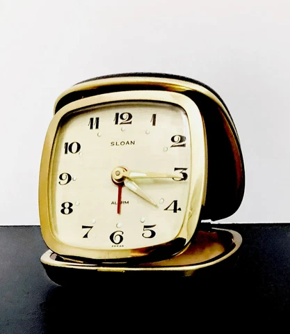 SLOAN Vintage Fold Up Brass Square Alarm Clock Black Travel Hard Case, Glow Dots Cover