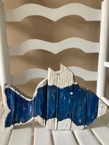 WOODEN FISH Sculpture Nautical Coastal Wood Blue White Decor - Picture 1 of 8