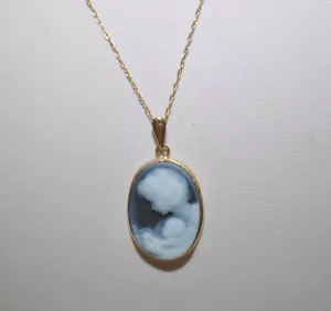 Collar cameo de ágata azul oro amarillo de 14 K para madre con hijo - cadena de 18" 2,3 g TW - Imagen 1 de 6