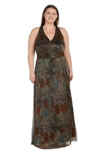 Plus Size Long Printed Women's Metallic Evening Gown - Picture 1 of 6