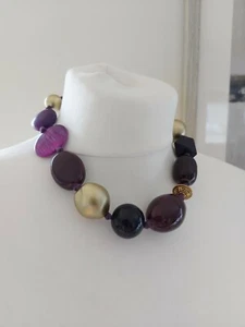 Statement Chunky Purple Gold Tone Asymmetrical Beaded Short Necklace - Picture 1 of 5