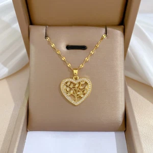 Women Fashion Jewelry Cubic Zircon Gold Tree Of Life Heart Pendant Necklace 584 - Picture 1 of 8