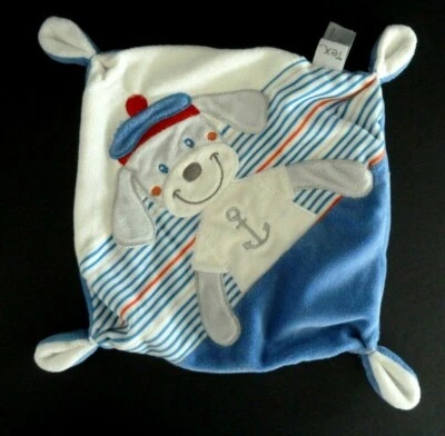 *. DOUDOU PLAT TEX BABY CHIEN MARIN BLANC RAYE BLEU BERET ROUGE ANCRE ETAT NEUF* - Photo 1/4