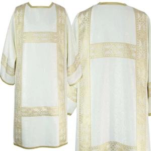 Traditional White/Ecru Gothic Dalmatic, Damask, Open sides, woven orphrey - Picture 1 of 2